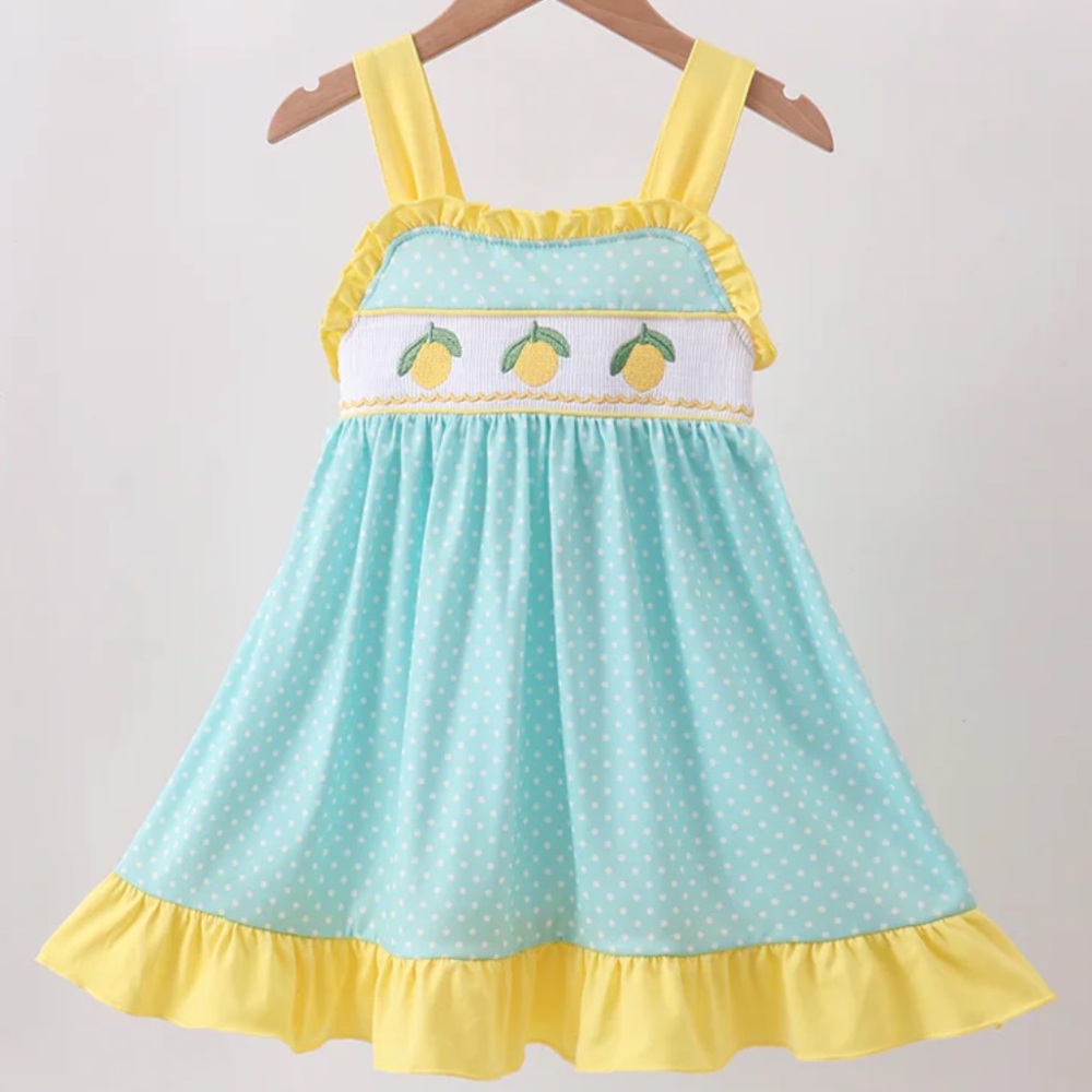 Abby & Evie SUMMER LEMON SMOCKED RUFFLE DRESS FRUIT EMBROIDER 2, 3, 4, 5, 6 NWT